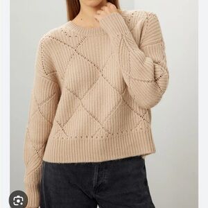 THAKOON Argyle Pointelle Sweater Oatmeal Argyle Balloon Sleeve Crewneck Sz L NEW